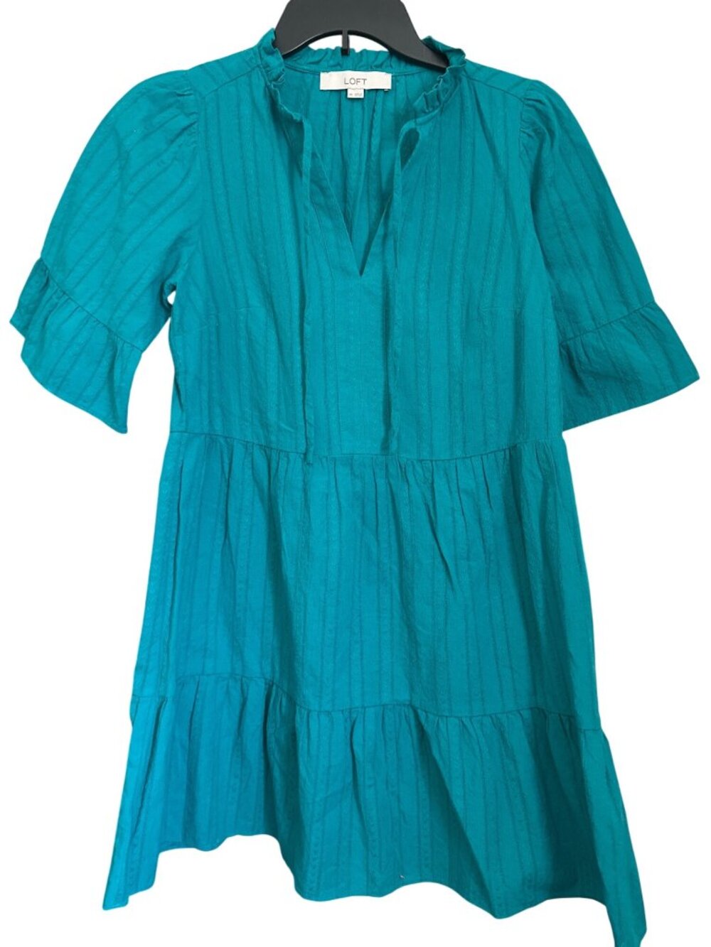 Teal Tiered Ruffle Neck Midi Dress By Loft XS Lightweight Cotton Blend